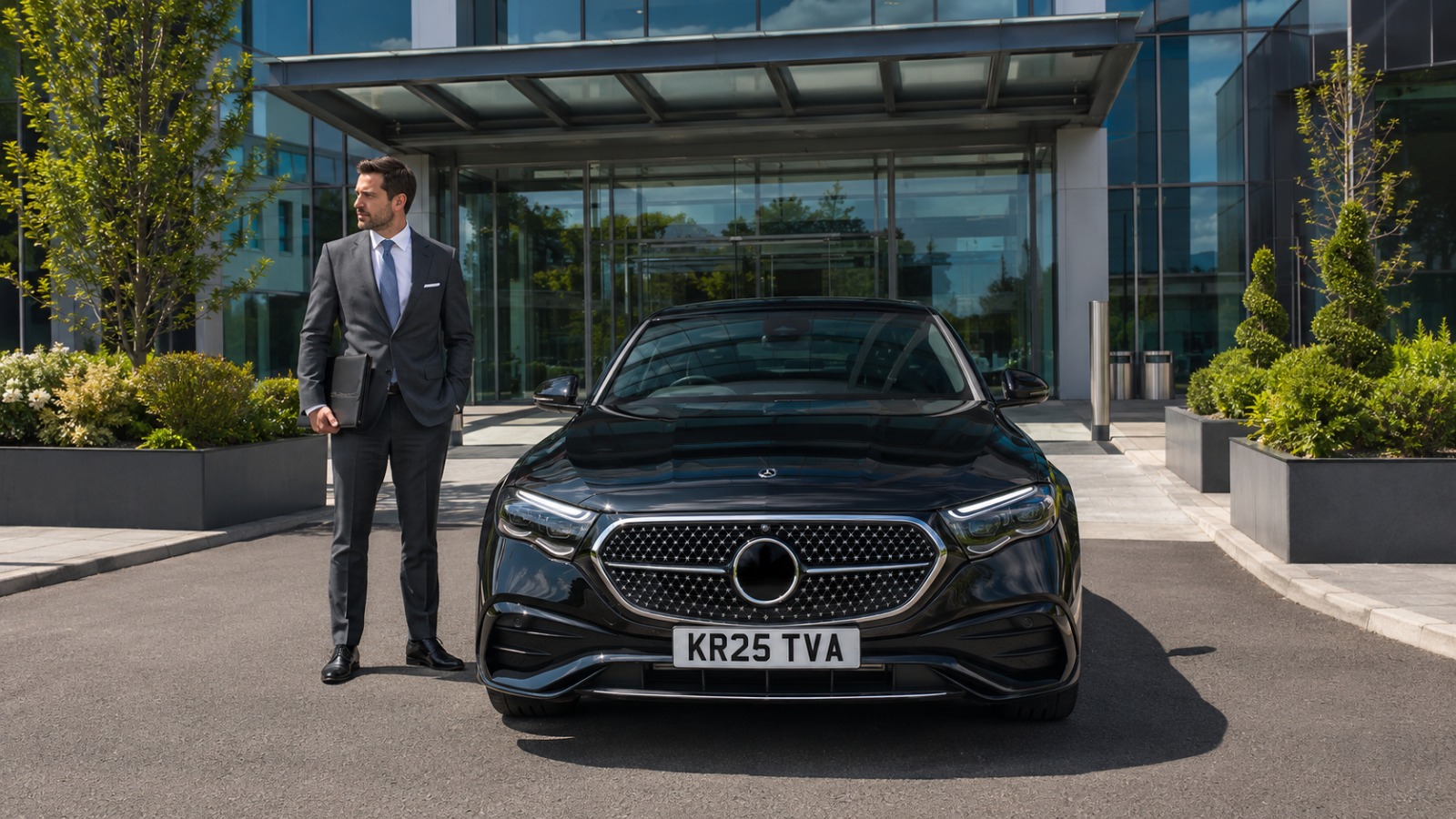 Black Mercedes E-Class 2025 executive taxi at a modern UK business park entrance ready for a Birmingham Airport transfer