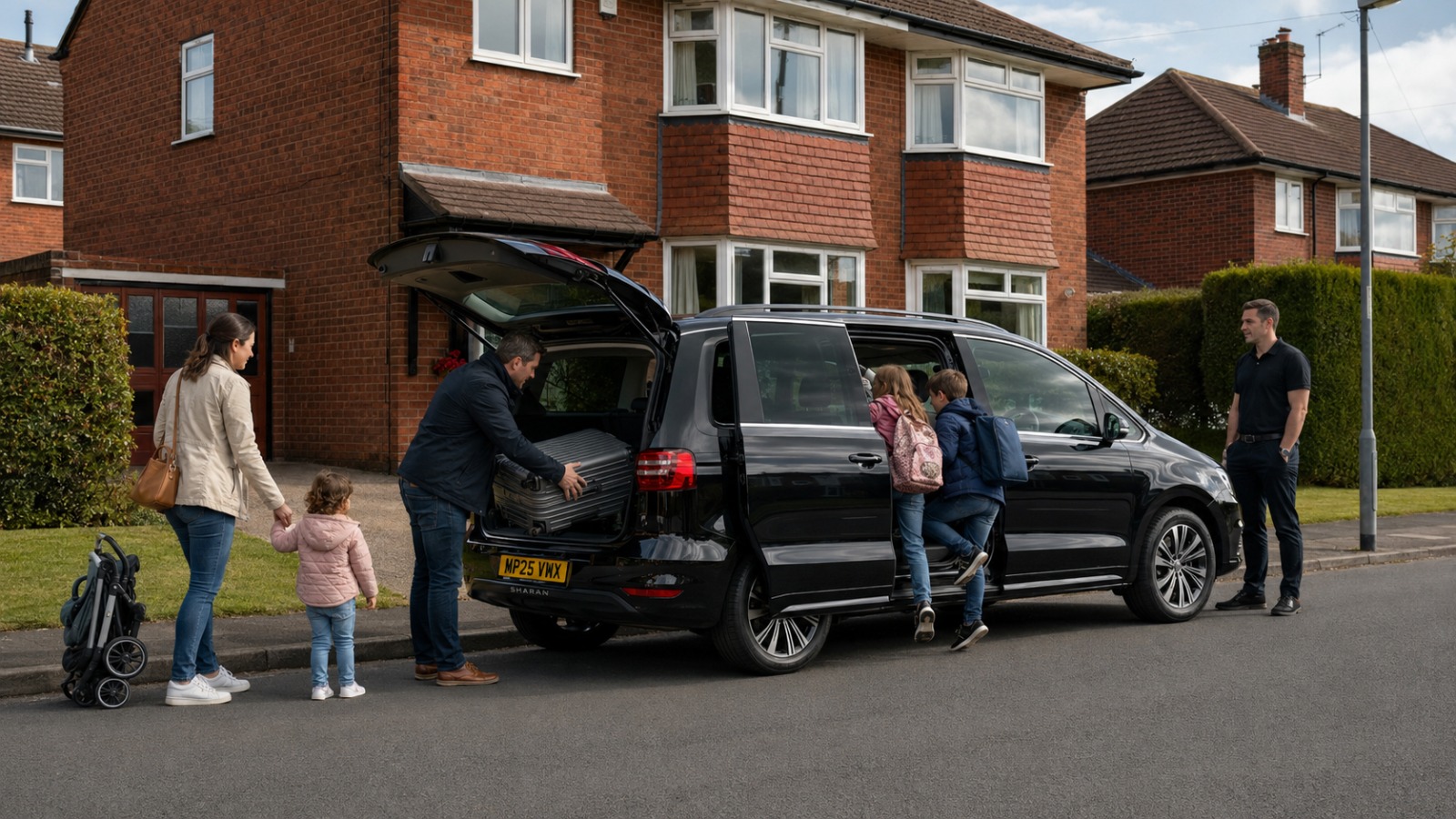 Family loading suitcases into a black VW Sharan MPV 6 minibus at a UK suburban home for a Birmingham Airport transfer