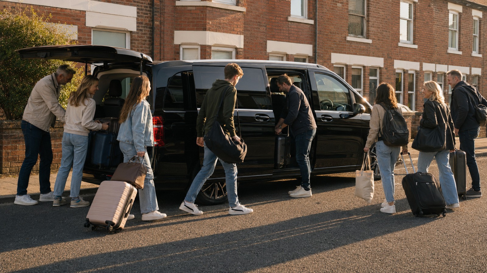Group loading suitcases into a black Mercedes V-Class 8 seater for a Manchester Airport transfer
