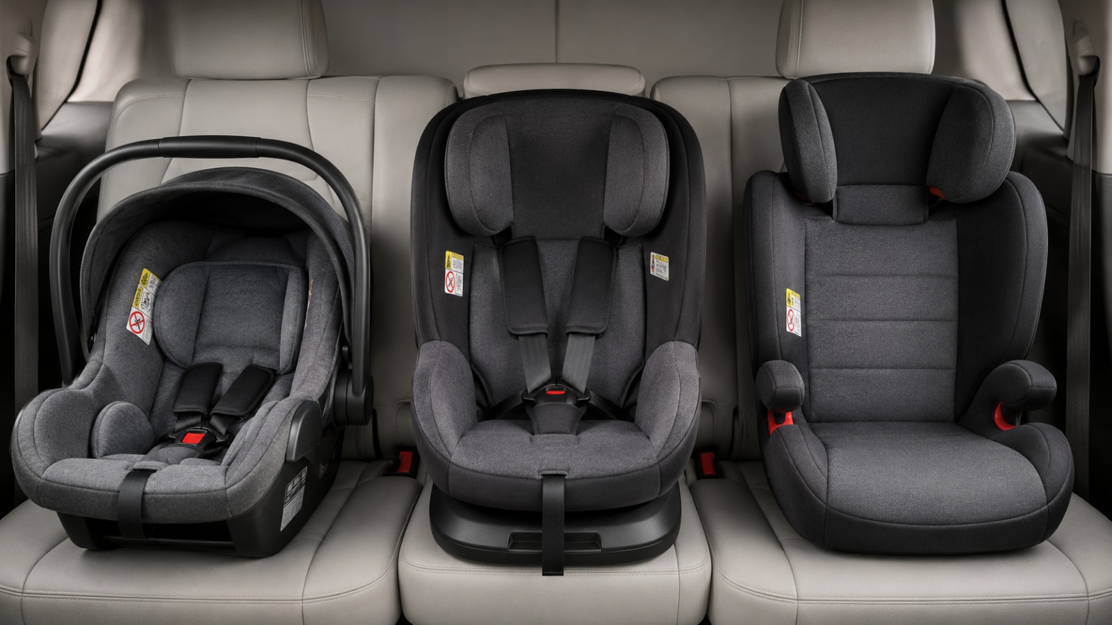 Rear-facing infant carrier, forward-facing child seat and high-back booster compared