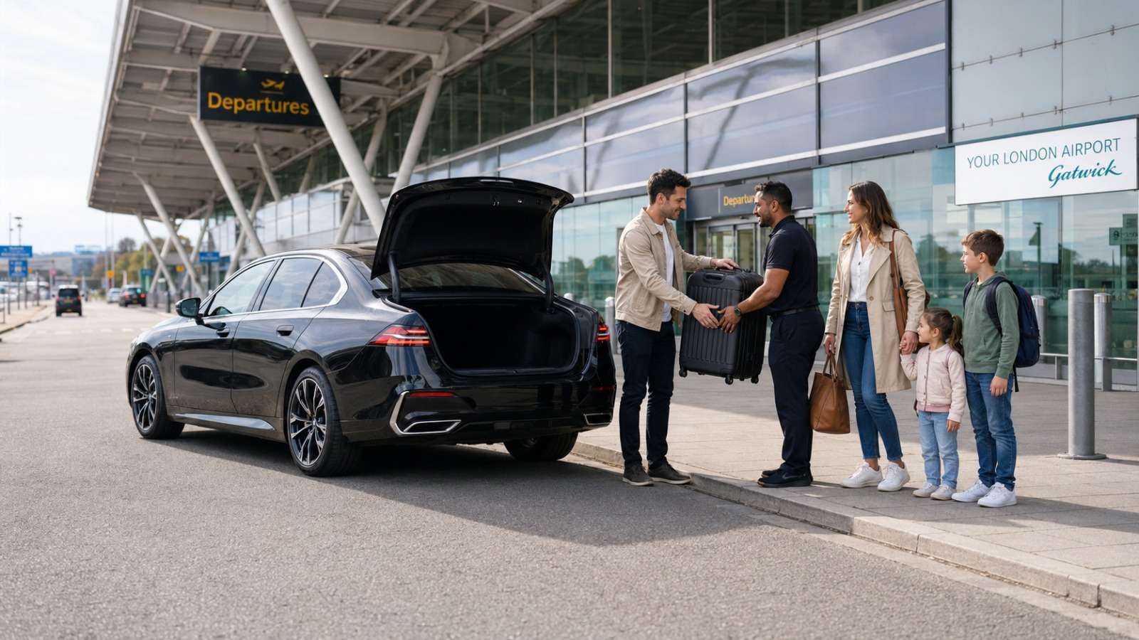 Black saloon Gatwick airport taxi at the terminal Departures forecourt drop-off zone with a passenger unloading luggage.