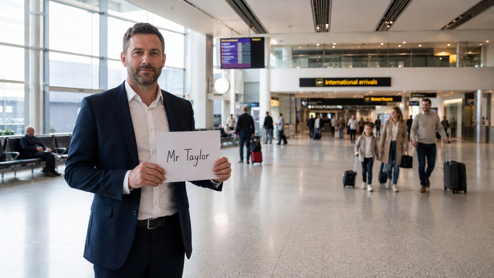 Gatwick airport taxi driver in dark suit holding a name board inside the arrivals hall for meet and greet at £20 fixed.