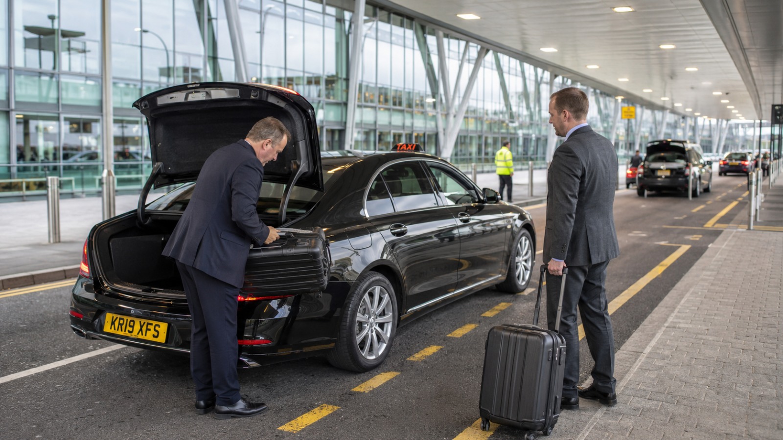 Black executive Mercedes taxi at a modern airport Departures forecourt drop-off zone with a passenger unloading luggage.