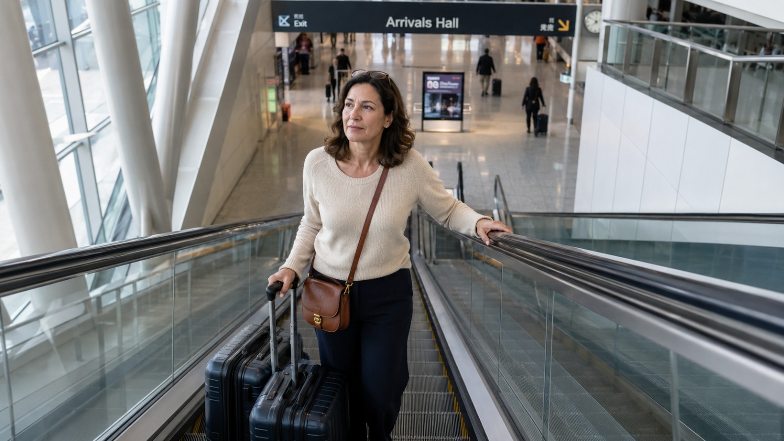 Long-haul passenger with two large suitcases riding an escalator up from baggage reclaim to a modern airport Arrivals Hall.