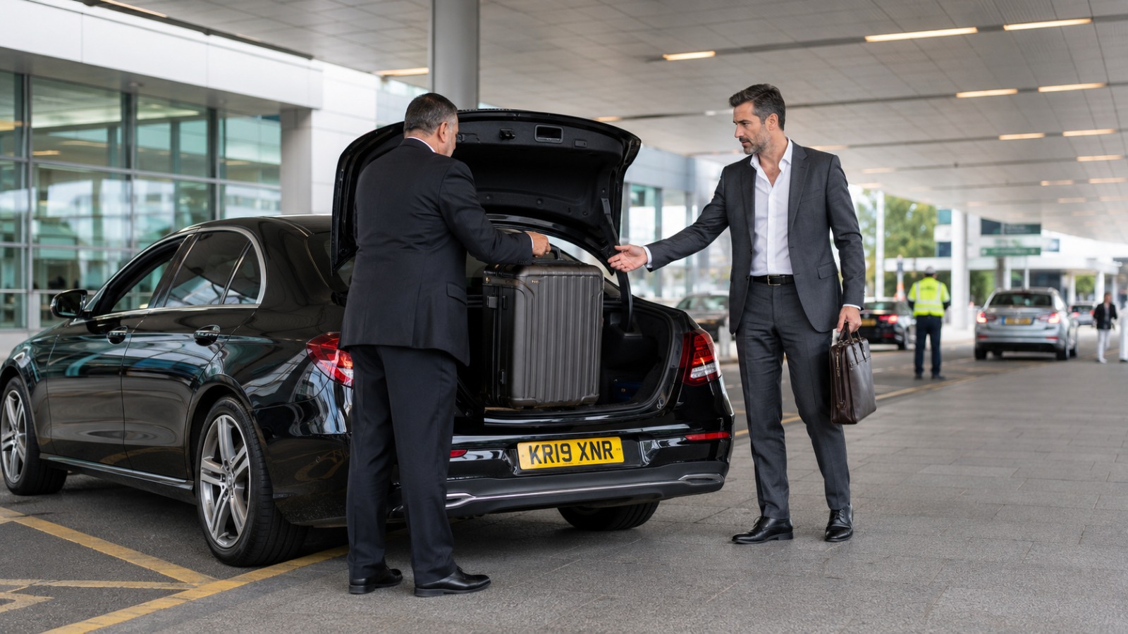 Black executive Mercedes taxi at a modern airport Departures forecourt with a business traveller unloading a large suitcase.