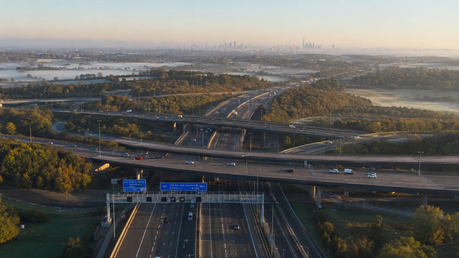 Aerial view of the M25 anti-clockwise route between M23 junction 7 and central London, with the London skyline visible in the distance.