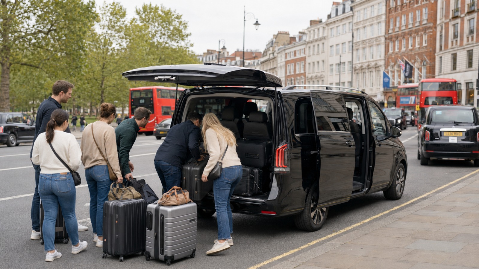 Black Mercedes V-Class MPV 8 Gatwick taxi loading a group of six with luggage on a Central London street in mid-afternoon.