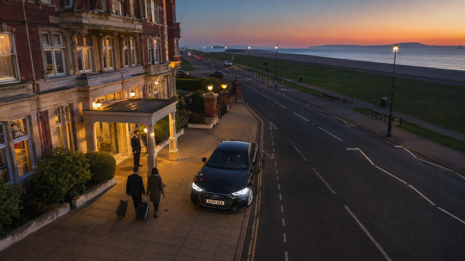 Black Audi A6 Saloon Portsmouth to Gatwick taxi picking up guests outside a Southsea seafront hotel at dusk in summer.