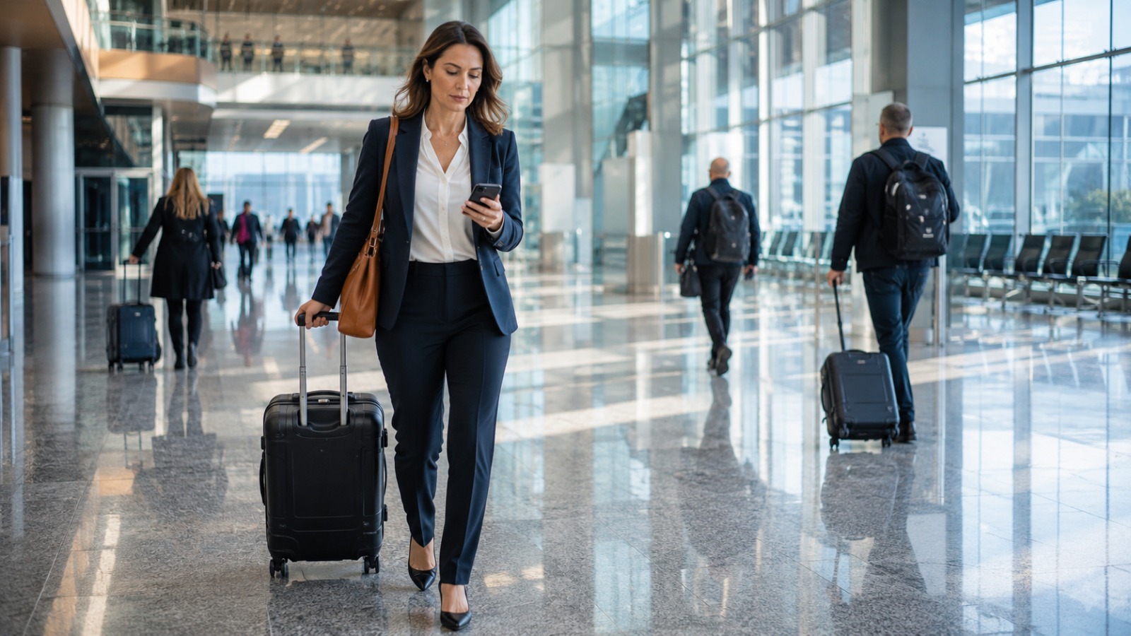 Business traveller with rolling suitcase and laptop bag walking through a modern airport terminal toward pickup exit.