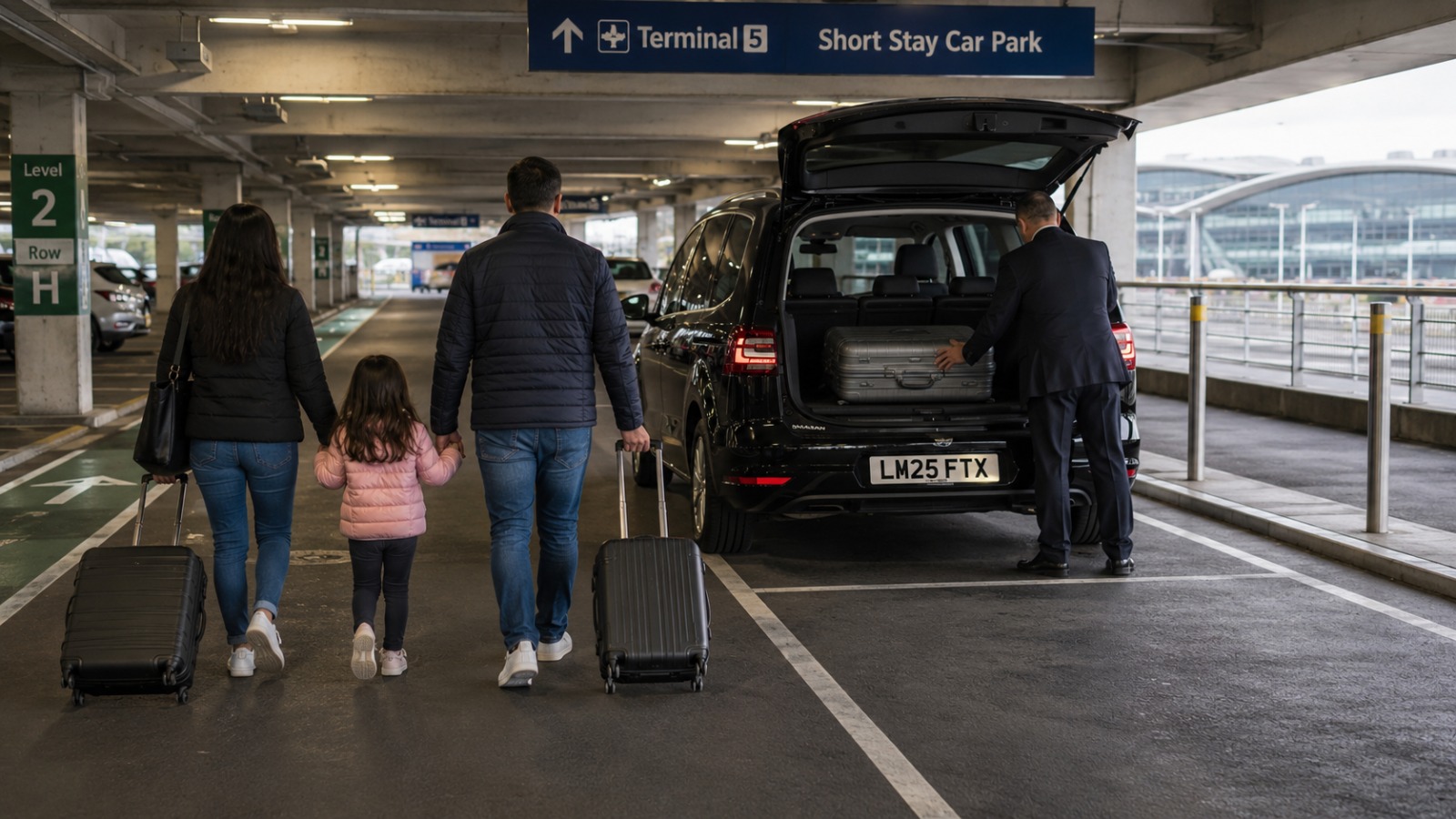Family walking to a black VW Sharan MPV in the Heathrow short-stay car park