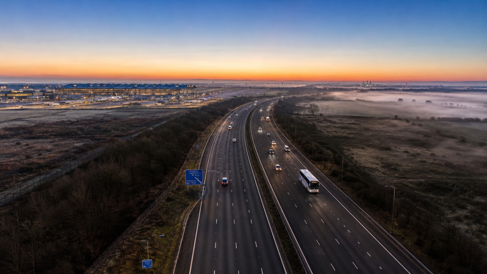 Wide view of the M25 clockwise heading south from Heathrow, with the motorway curving toward Gatwick on the horizon at dawn.
