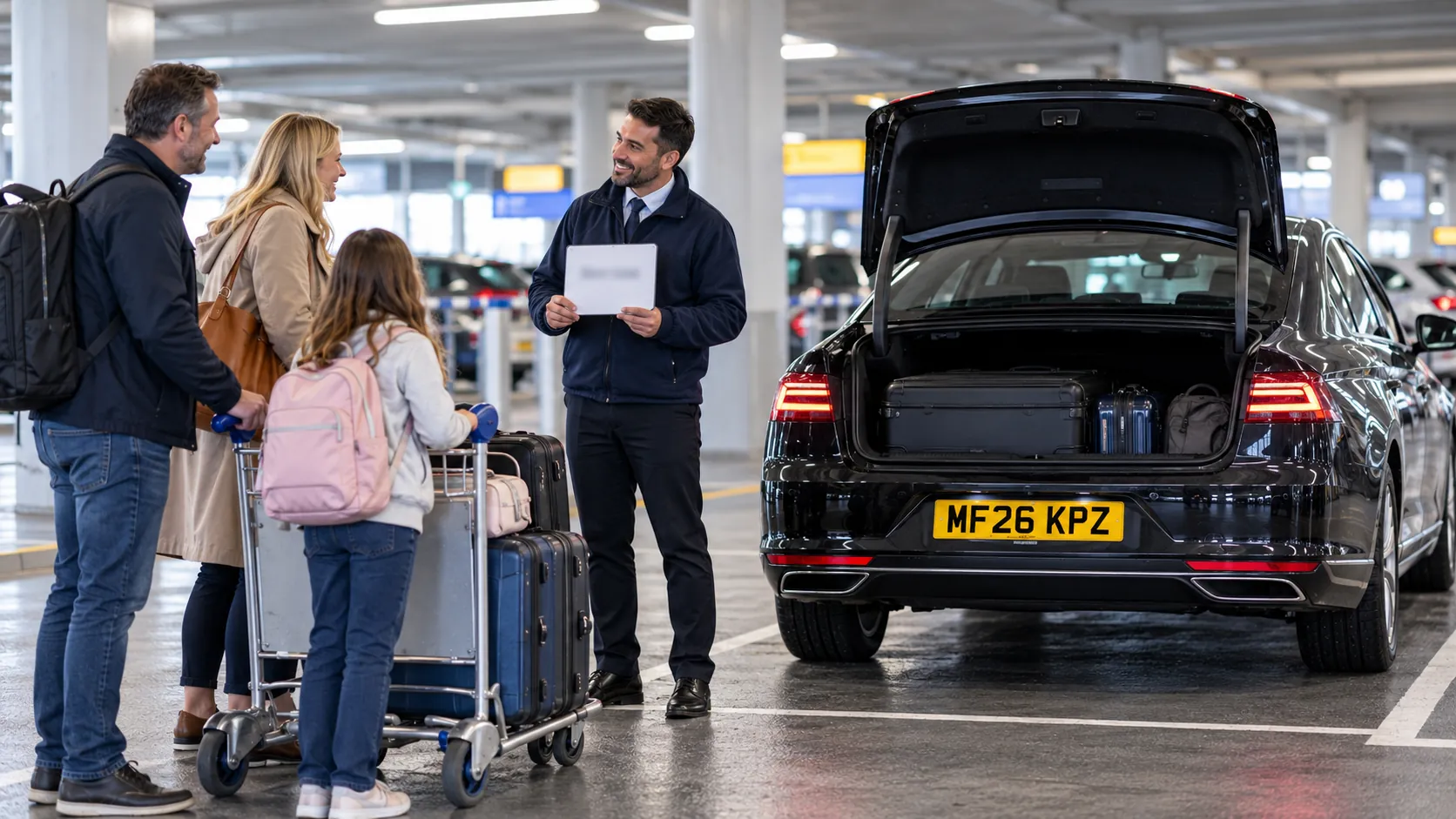 Driver with a name board meeting a family beside a grey car in an airport car park for an airport pick up