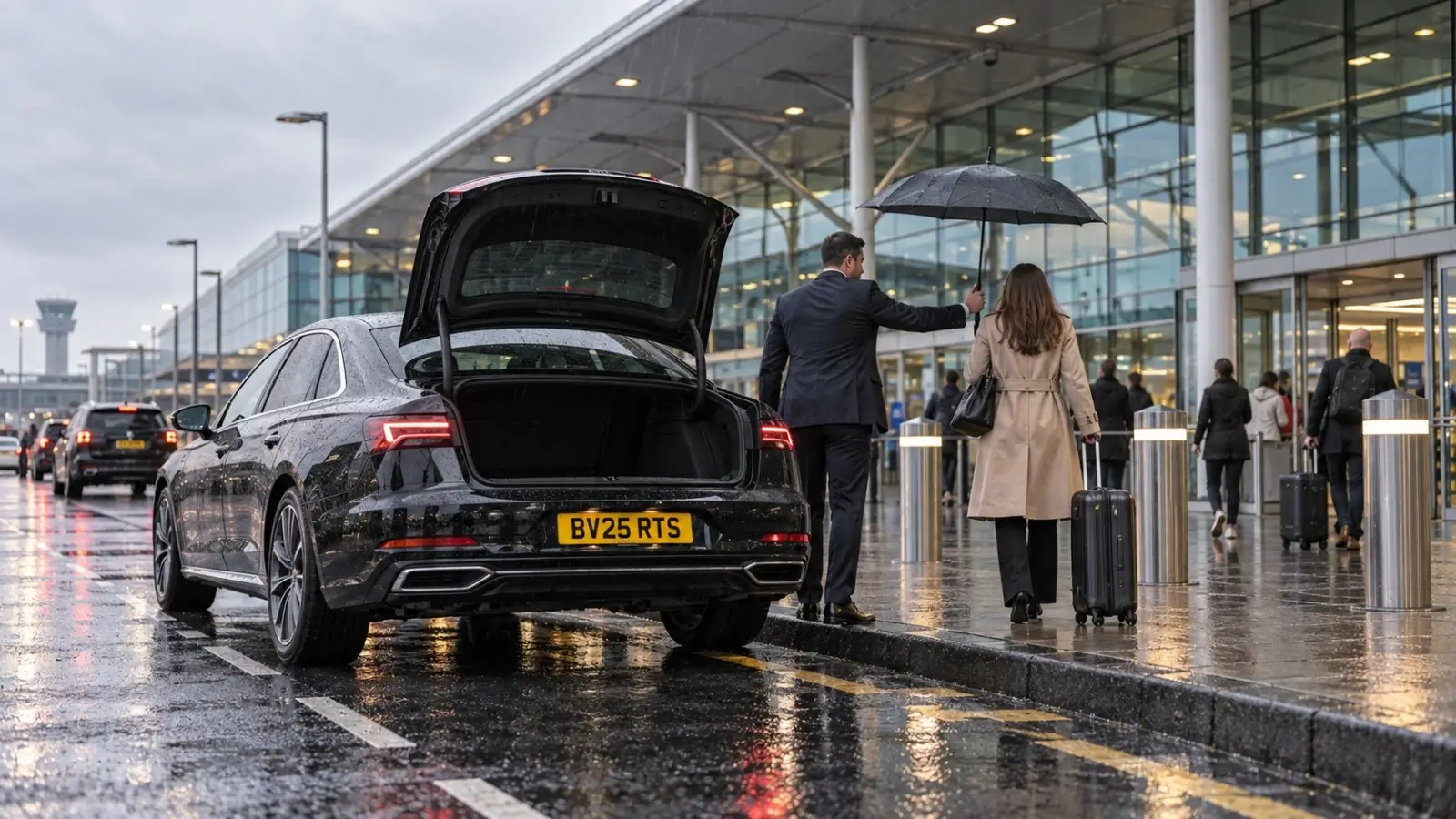 Black Audi A6 executive taxi at Birmingham Airport premium set-down on a drizzly overcast afternoon
