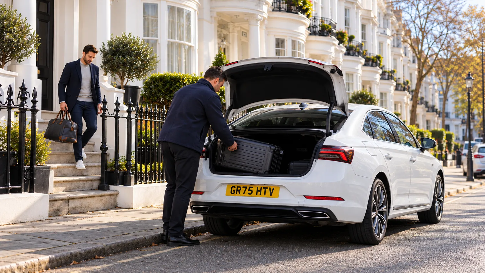 Driver loading suitcases into a grey saloon outside a white Regency terrace, ready for a Brighton taxi to Heathrow