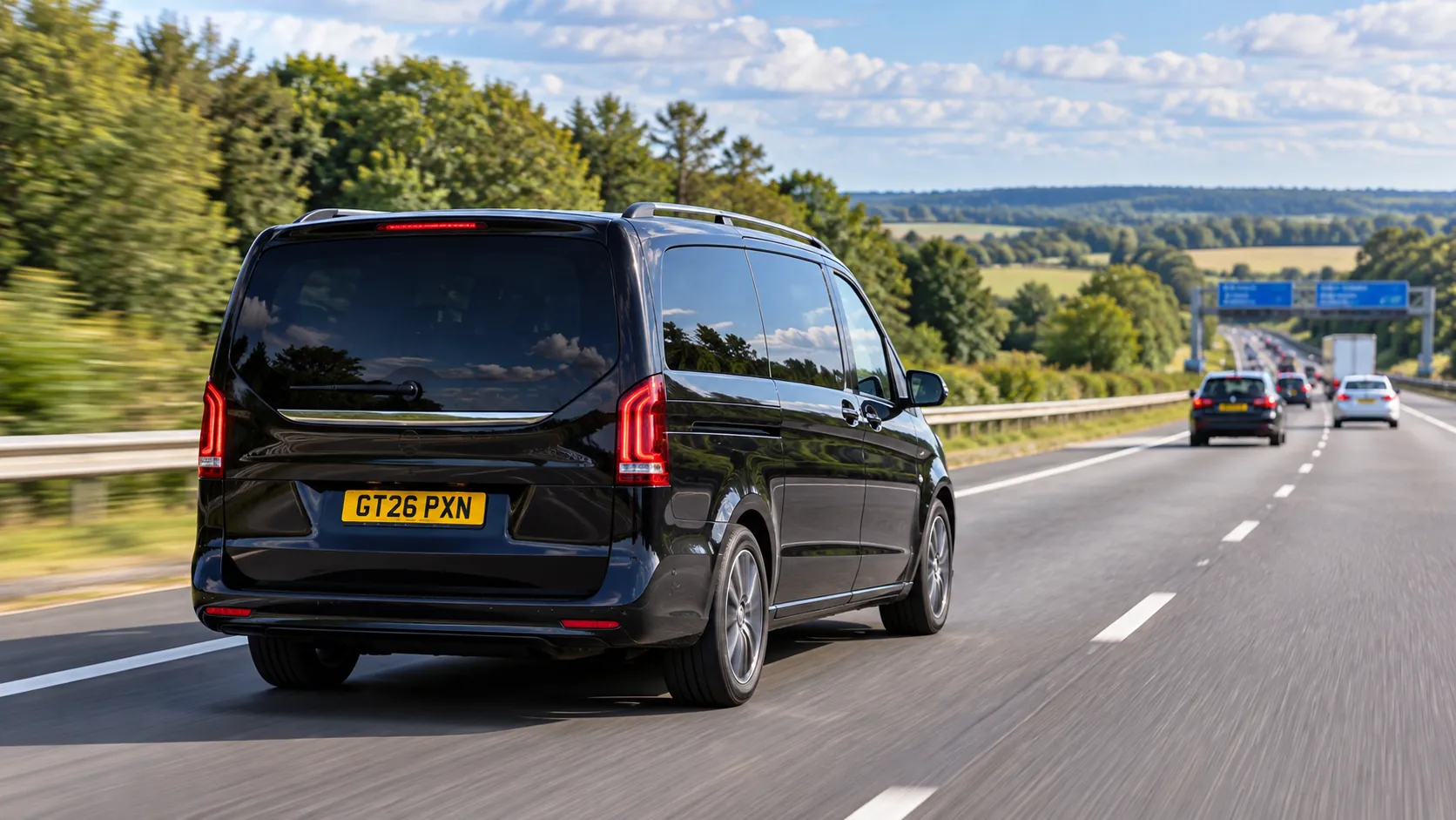 Black people carrier on the M23 through green Sussex countryside on a Brighton to Heathrow airport taxi trip