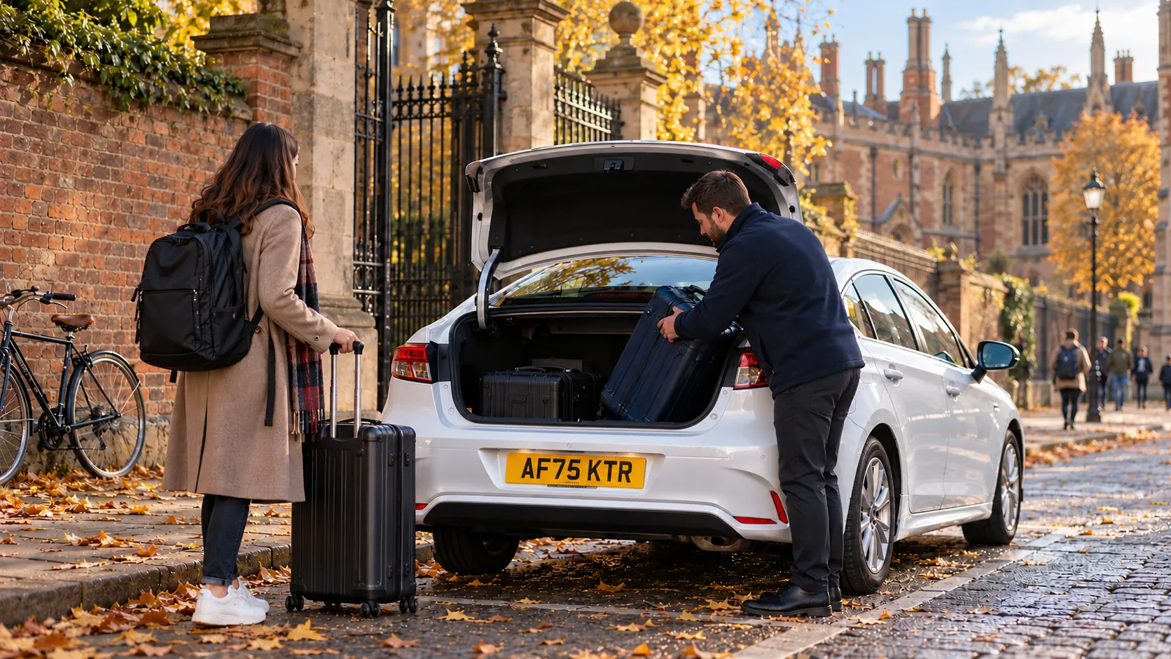 Driver loading cases into a silver saloon outside a Cambridge college gate, ready for a Cambridge taxi to Heathrow