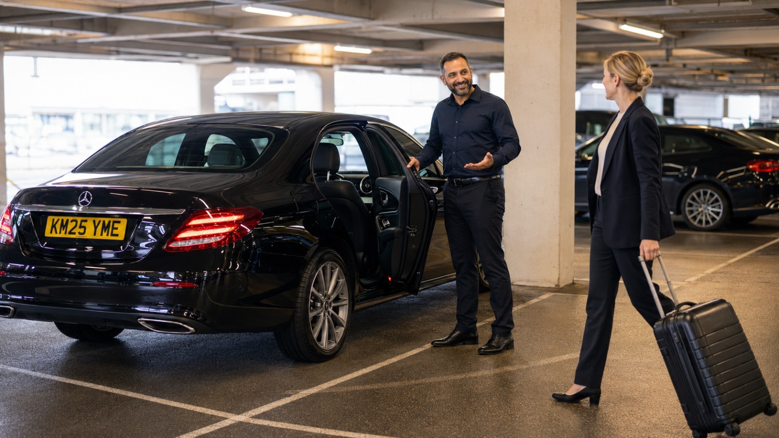 Driver greeting business traveller at Heathrow short-stay car park beside black executive saloon for London transfer