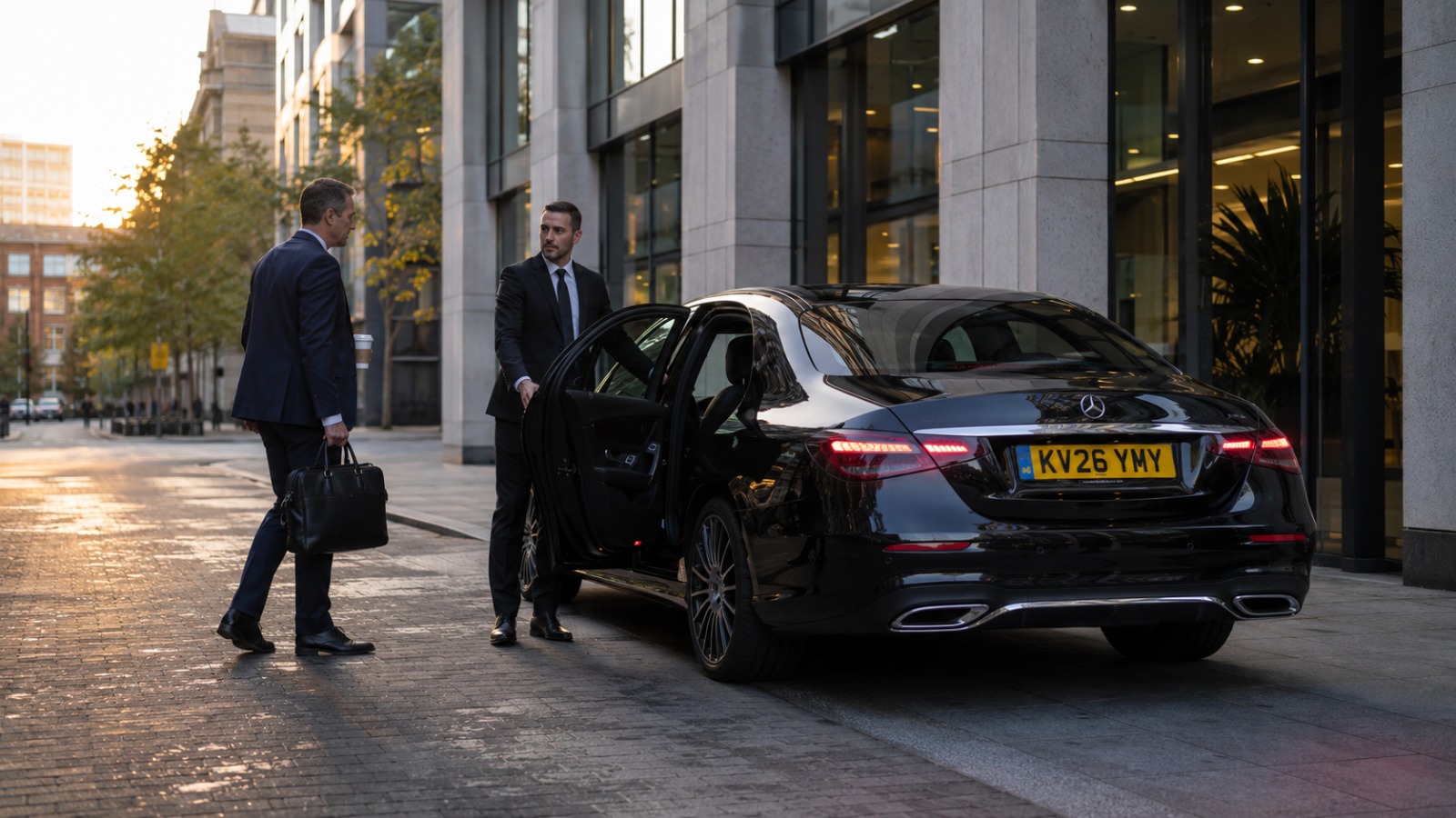 Suited driver opening rear door of Mercedes E Class for business traveller outside London office   