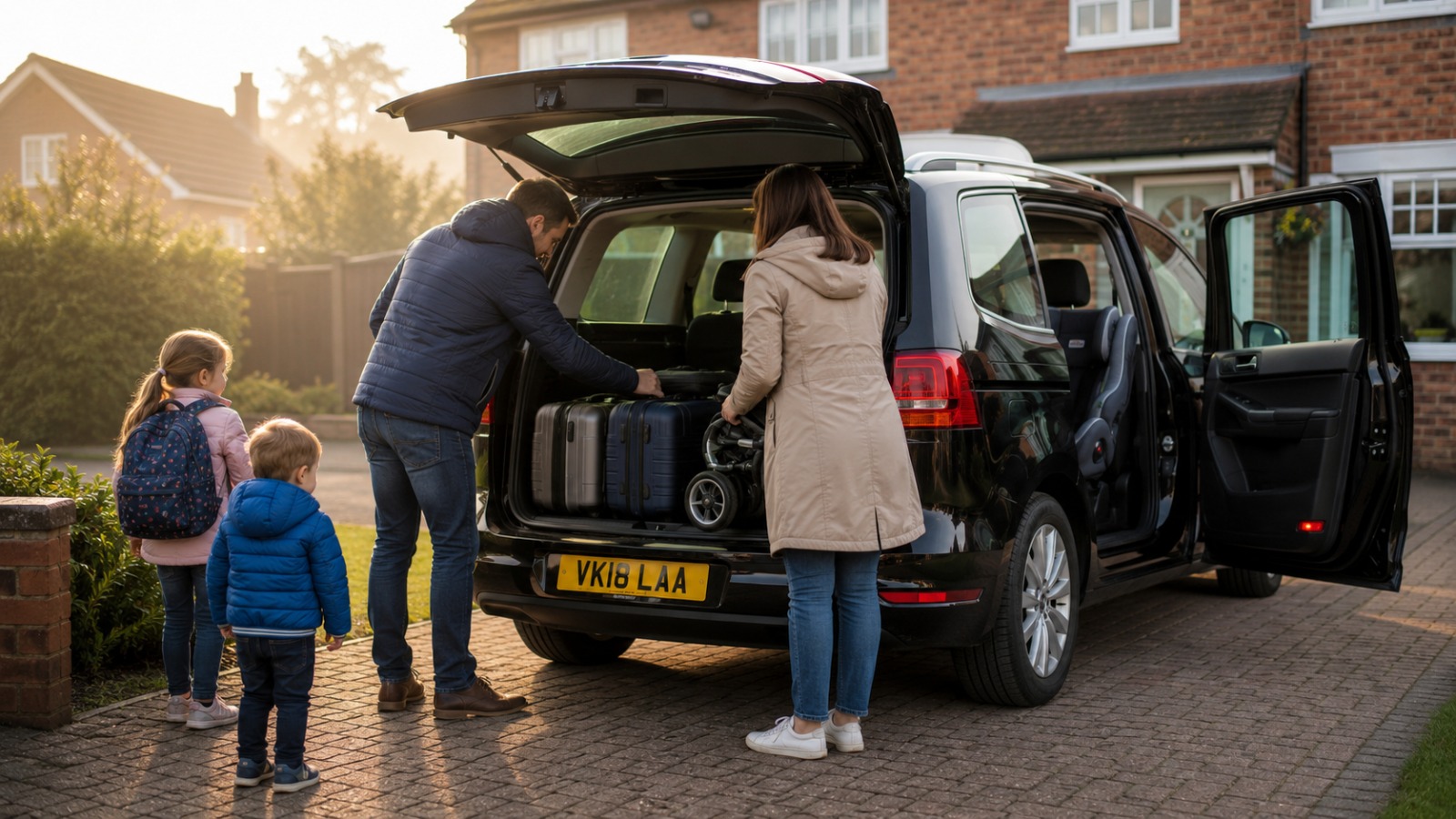 Family loading suitcases and buggy into 6-seater MPV with fitted child seat for Heathrow
