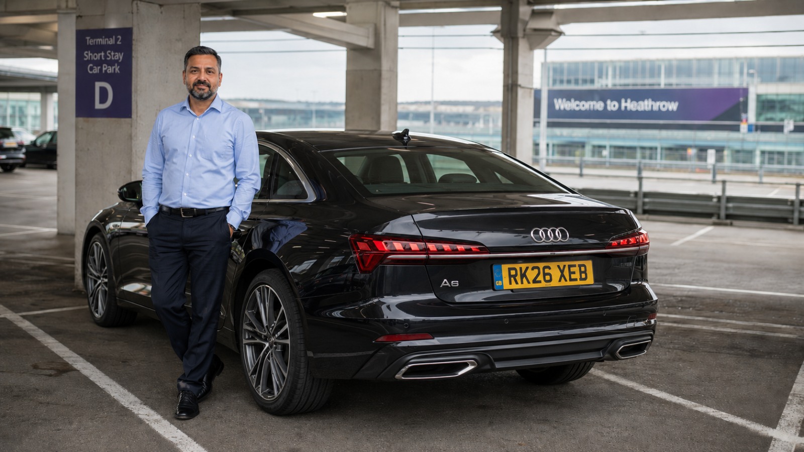 Private hire driver waiting beside black saloon car in Heathrow short-stay car park   