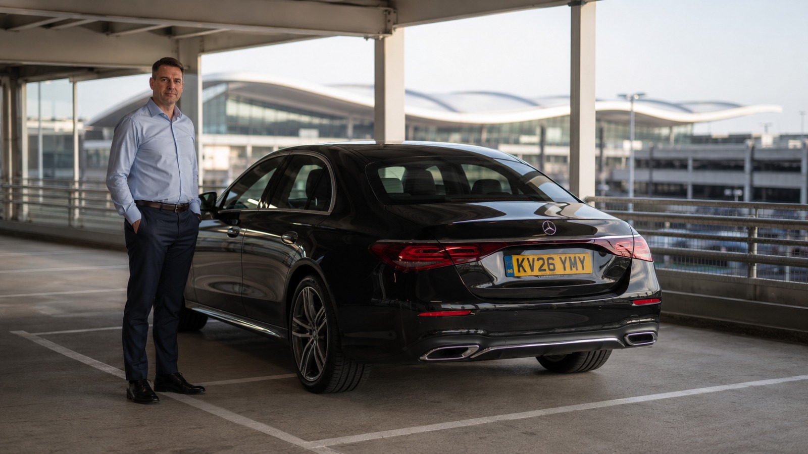 Private hire driver waiting beside saloon car in Heathrow Terminal 2 short-stay car park   