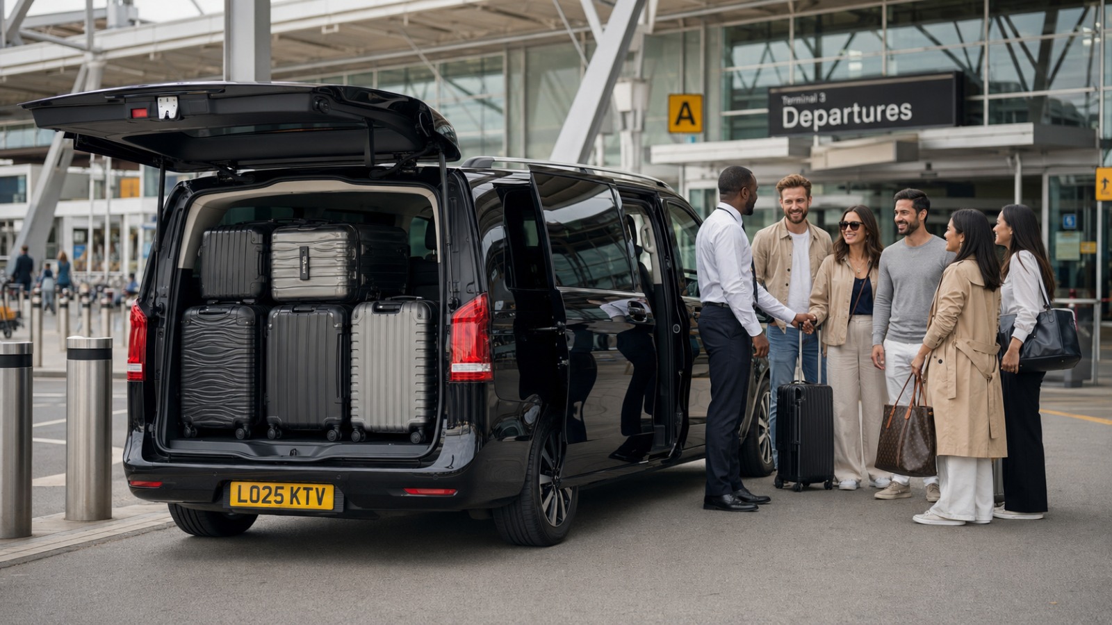 Group of travellers loading luggage into 8-seater MPV at Heathrow Terminal 3 departures   