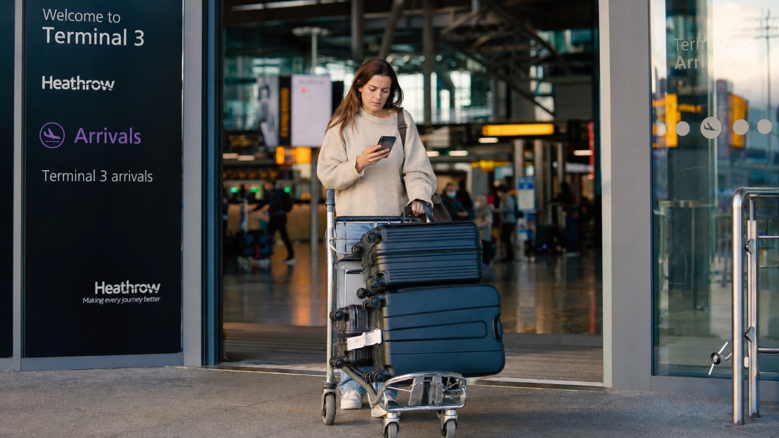 Long-haul traveller exiting Heathrow Terminal 3 arrivals with cases, ready for pre-booked taxi   
