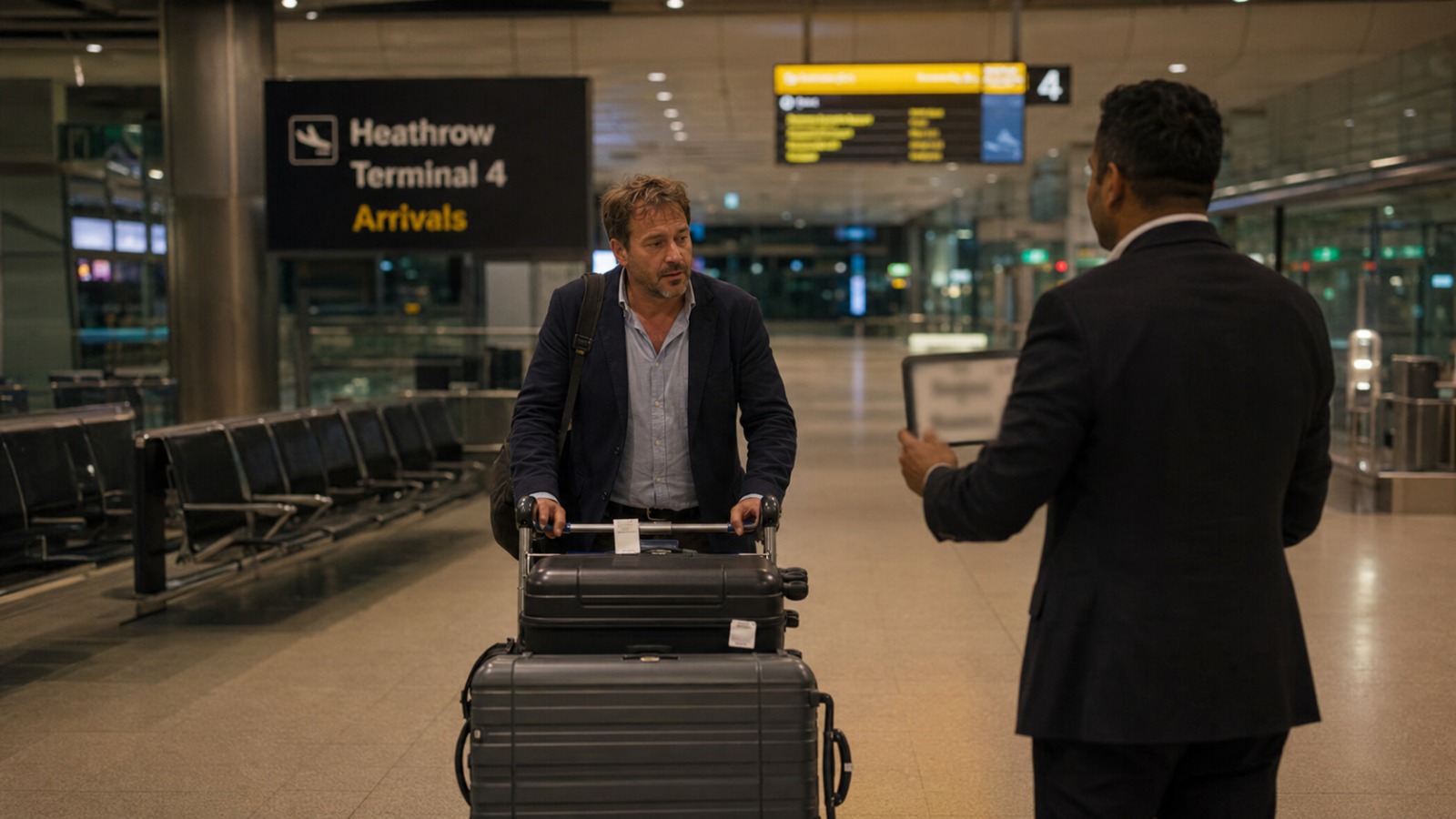 Late-night long-haul traveller met by private hire driver at Heathrow Terminal 4 arrivals   