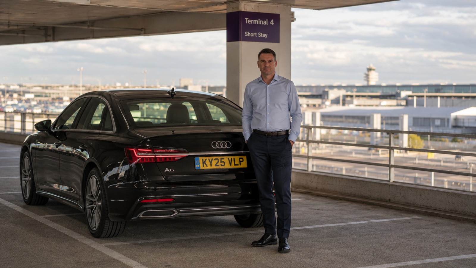 Private hire driver waiting at Short Stay Car Park 4 outside Heathrow Terminal 4 southern terminal 