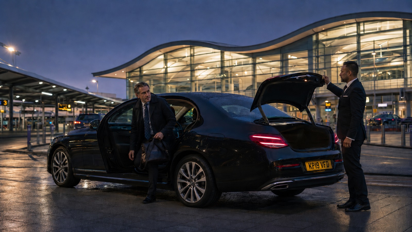 Business traveller dropped at Heathrow Terminal 5 departures in early morning by executive saloon   
