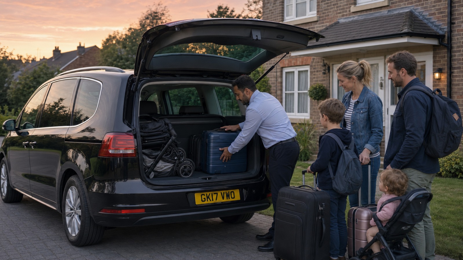Family loading suitcases into 6-seater MPV for early-morning Heathrow Terminal 5 holiday departure   