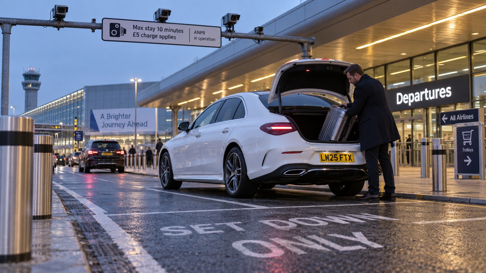 Taxi dropping passengers at Heathrow Terminal 2 departures forecourt beneath the ANPR camera gantry