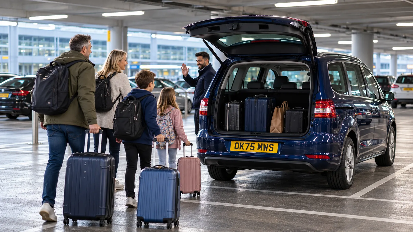 Family walking to a navy people carrier in a Heathrow car park for their Heathrow to Bicester Village taxi