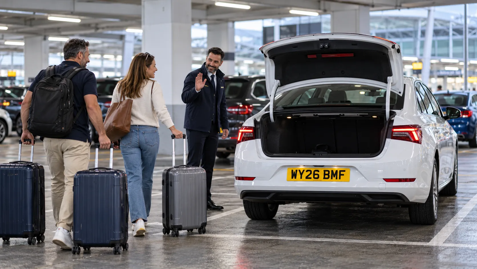 Couple wheeling cases to a white saloon in a Heathrow terminal car park for their Heathrow to Bristol taxi