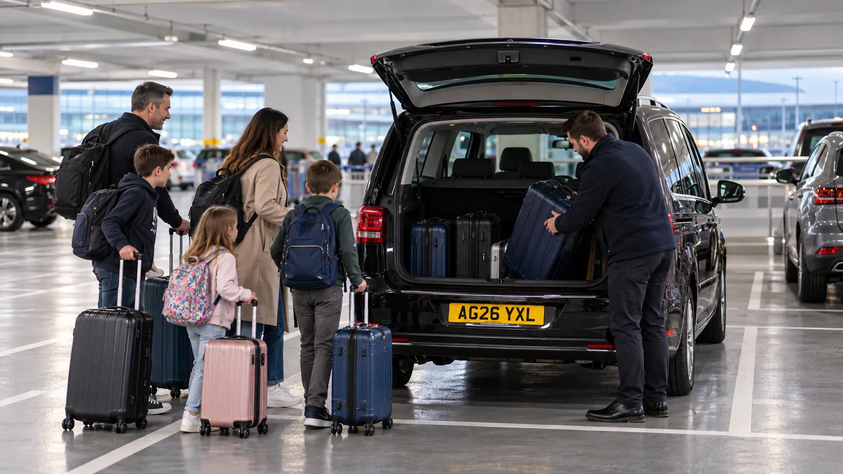 Family wheeling suitcases to a black people carrier in a Heathrow car park for their Heathrow to Cambridge taxi