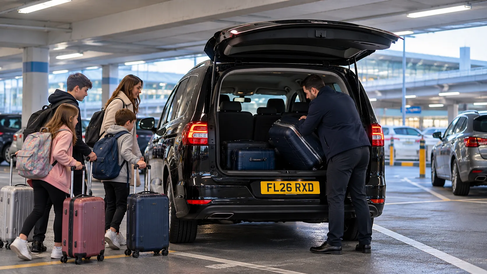 Family wheeling suitcases to a black people carrier in a Heathrow car park for their Heathrow to Leicester taxi