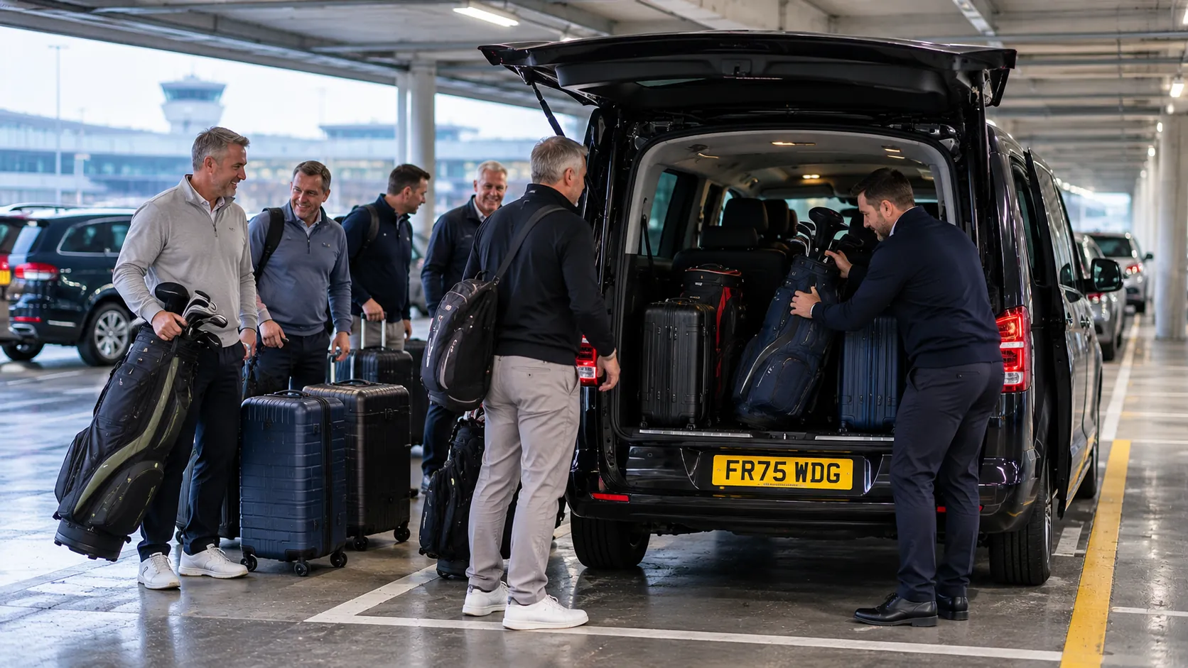 Group loading golf bags into a black minibus in a Heathrow car park for their Heathrow to Nottingham taxi