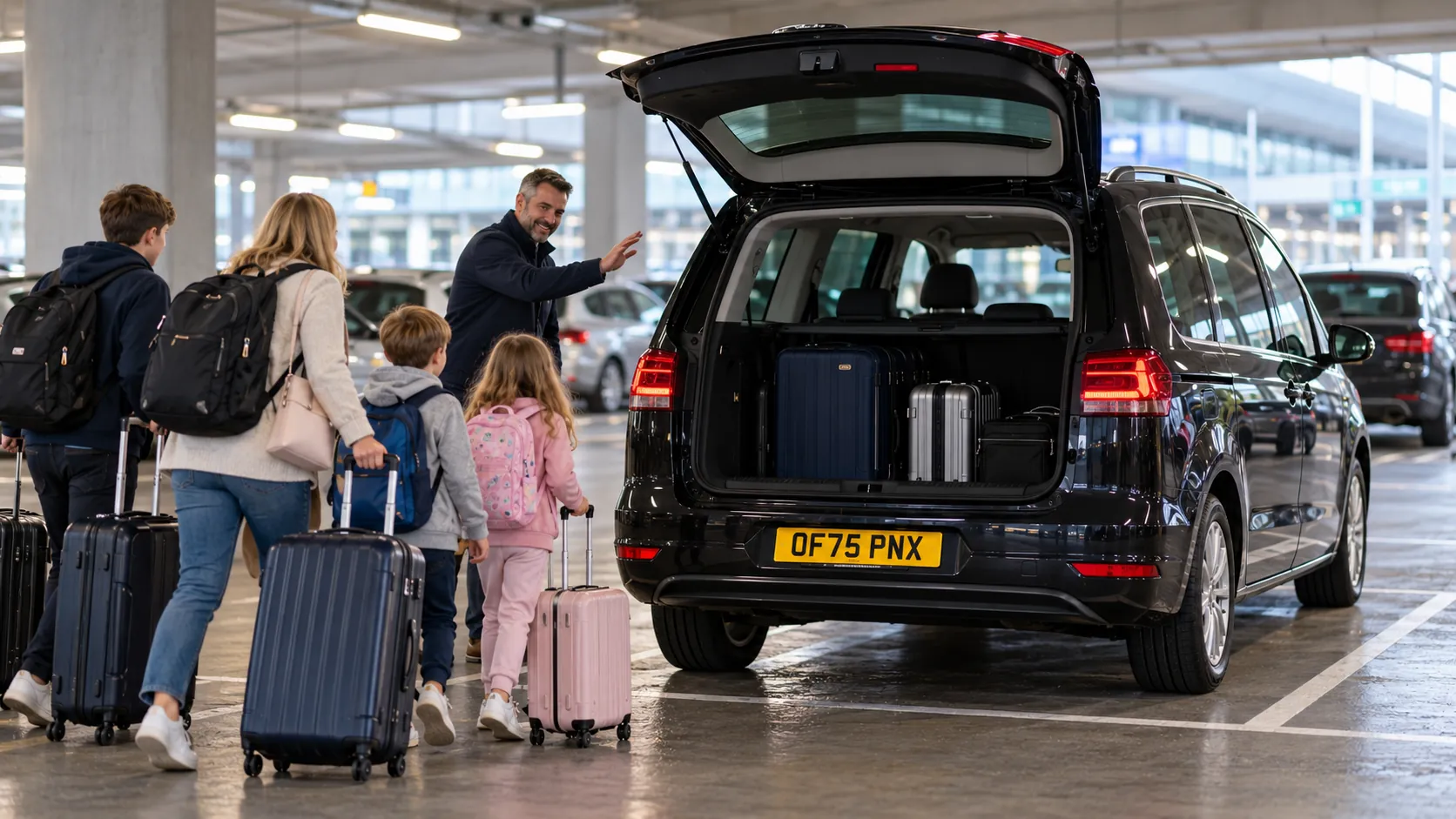 Family wheeling cases to a grey people carrier in a Heathrow car park for their Heathrow to Oxford taxi