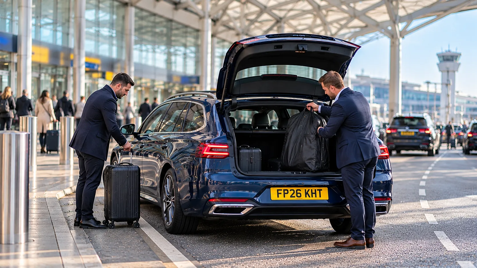 Man taking a bag from a BMW blue estate at Heathrow departures after his Nottingham to Heathrow taxi