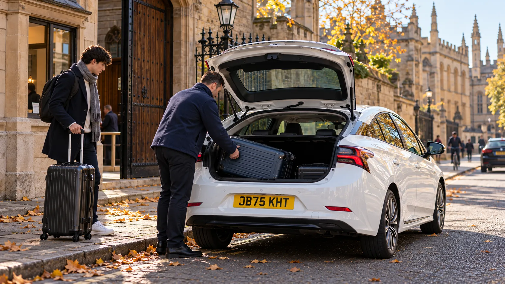 Driver loading a student's cases into a white saloon at an Oxford college gate, bound for Heathrow