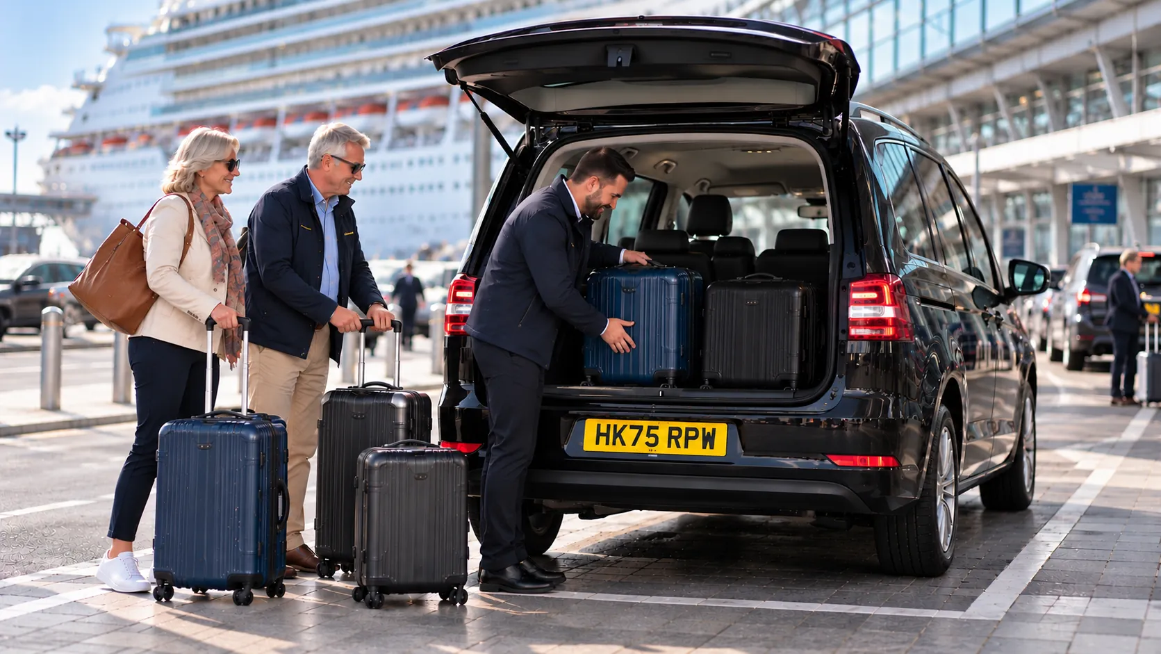 Couple loading cruise cases into a silver people carrier at a Southampton cruise terminal, bound for Heathrow