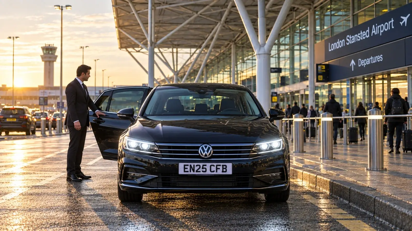 Black VW Passat saloon taxi waiting at Stansted Airport terminal set-down in early morning light