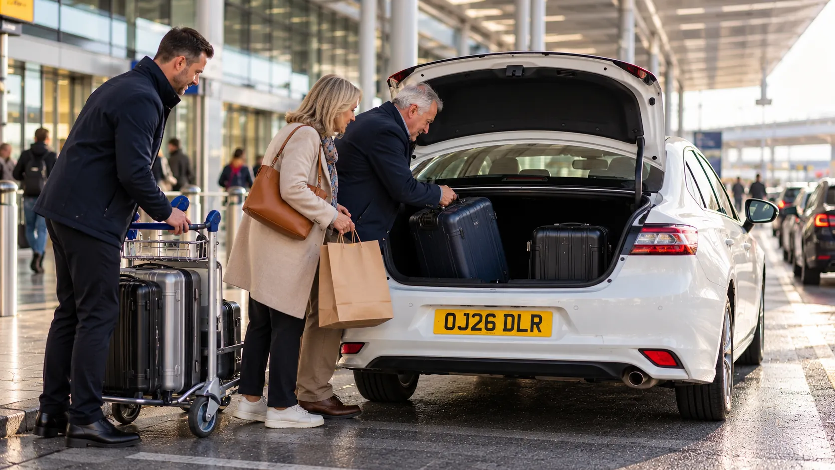 Couple taking cases from a white saloon at a Heathrow departures kerb after a taxi from Bicester to Heathrow Airport