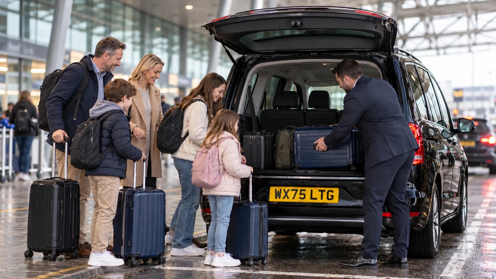 Family taking cases from a grey MPV at a Heathrow terminal kerb after a taxi from Bristol to Heathrow Airport