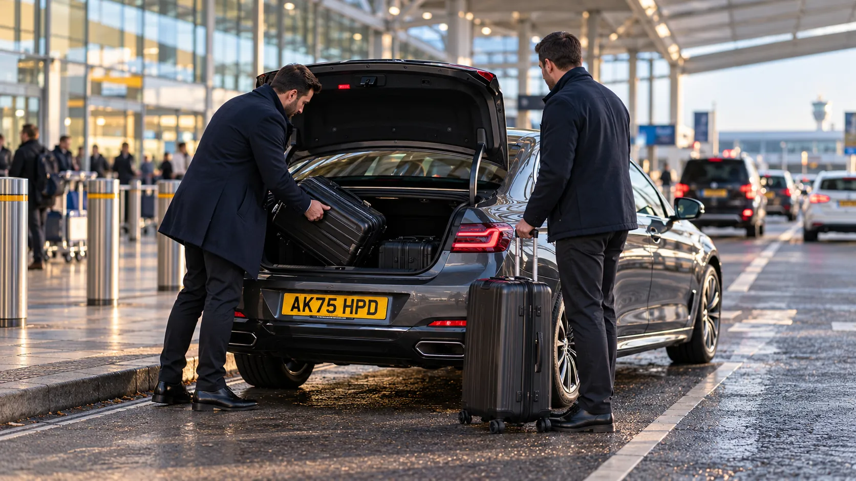 Man taking a suitcase from a dark grey Business Class car at Heathrow after a taxi from Cambridge to Heathrow Airport