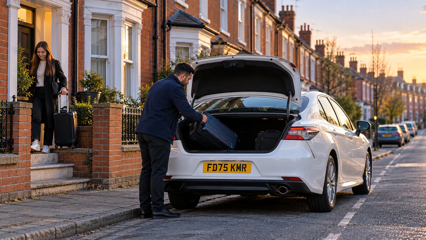 Driver loading suitcases into a white saloon outside a Leicester terraced house, ready for a taxi from Leicester to Heathrow
