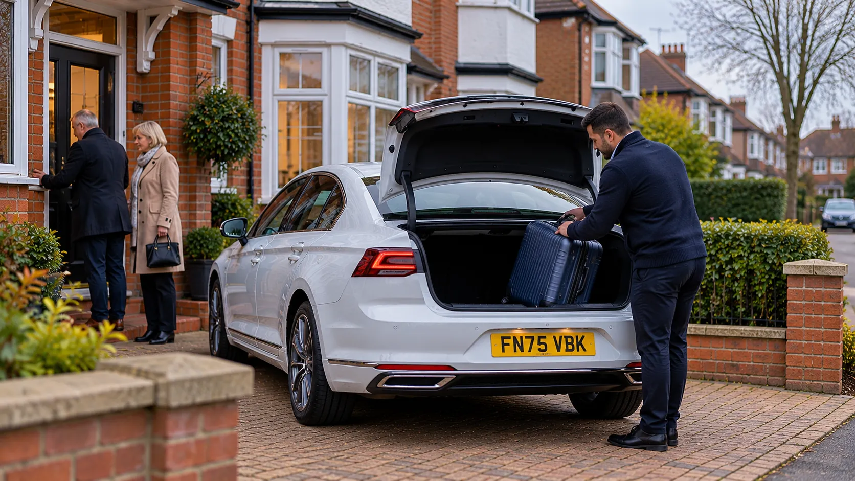 Driver lifting a suitcase into a white saloon outside a Nottingham semi for a taxi from Nottingham to Heathrow Airport