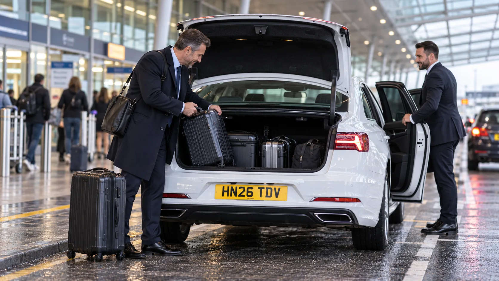 Businessman lifting a case from a dark grey Business Class car after a taxi from Southampton to Heathrow Airport