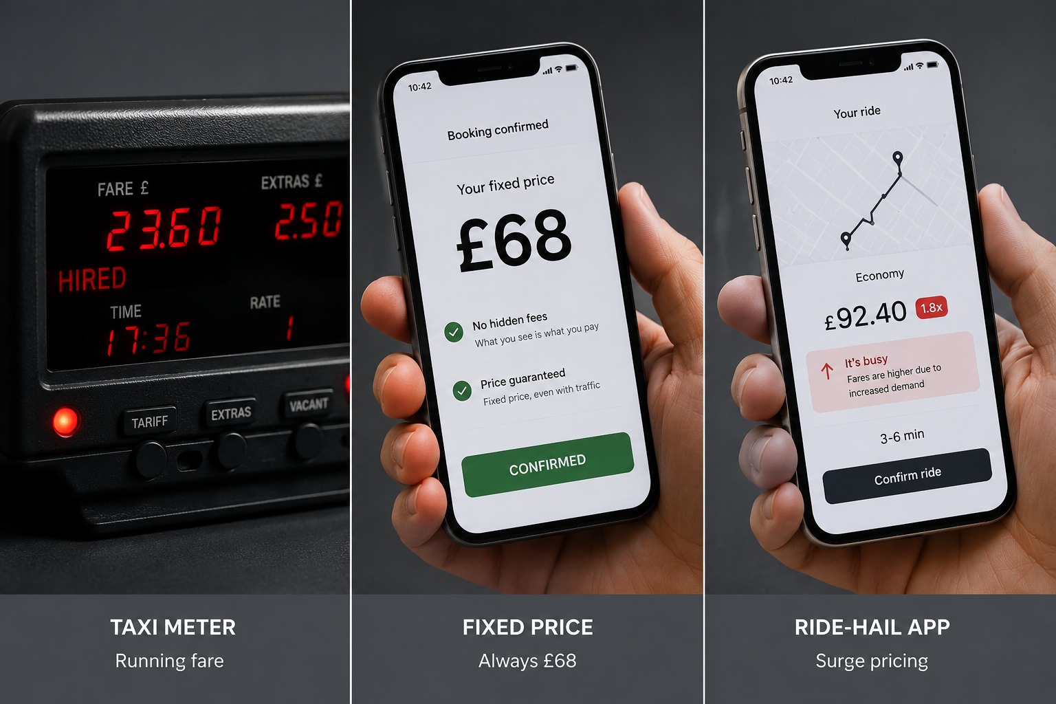 Three UK taxi pricing models: metered hackney meter, pre-booked PHV confirmation, and ride-hail app surge