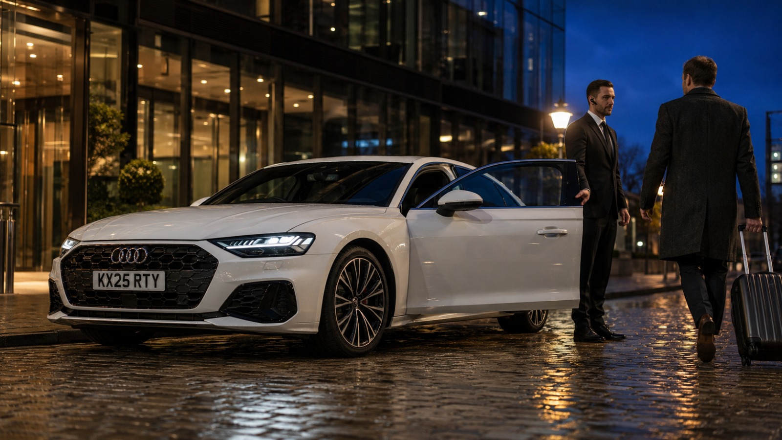 White Audi A6 business class Liverpool Airport taxi at a UK office district evening pickup